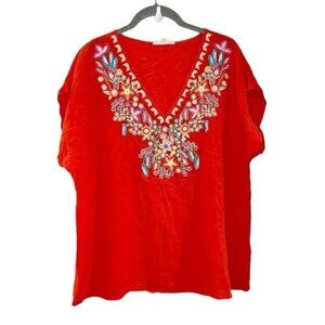 Solitaire Blouse Boho L Red Embroidered Floral V Neck Popover Short Sleeve Rayon